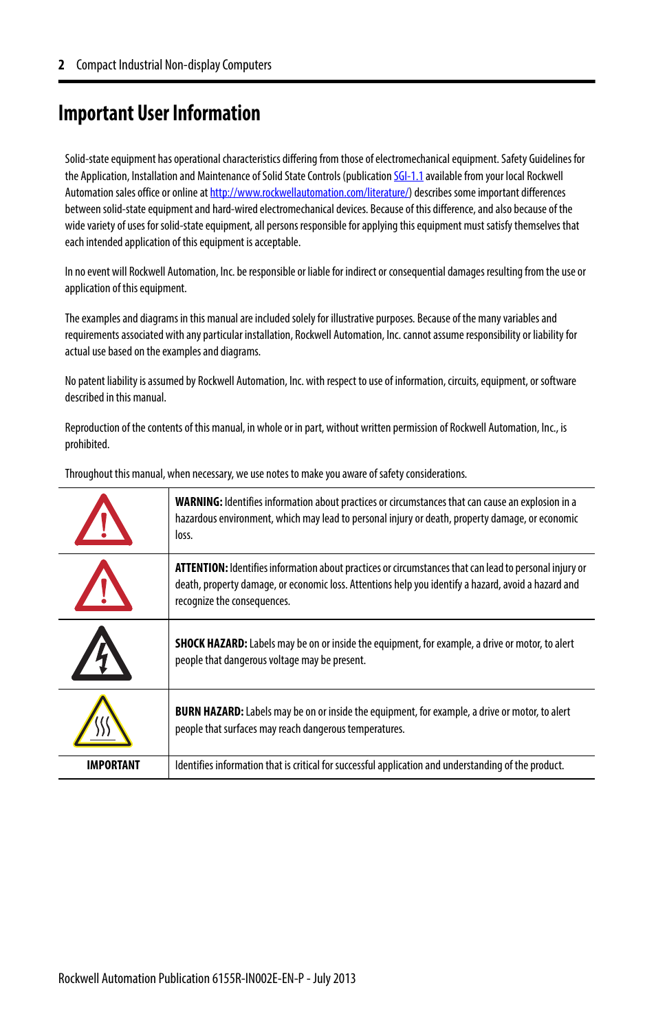 Important user information | Rockwell Automation 6155F-NPXPDC Compact Non-display Computers User Manual | Page 2 / 20