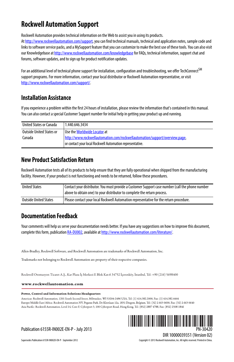 Back cover/rockwell support, Rockwell automation support, Installation assistance | New product satisfaction return, Documentation feedback | Rockwell Automation 6155F-NPXPDC Compact Non-display Computers User Manual | Page 20 / 20
