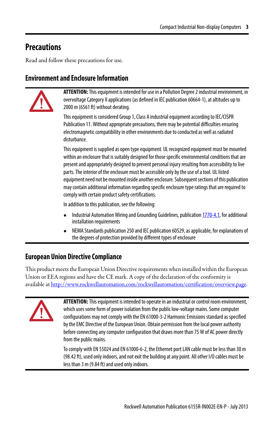 Precautions, Environment and enclosure information, European union directive compliance | Rockwell Automation 6155F-NPXPDC Compact Non-display Computers User Manual | Page 3 / 20
