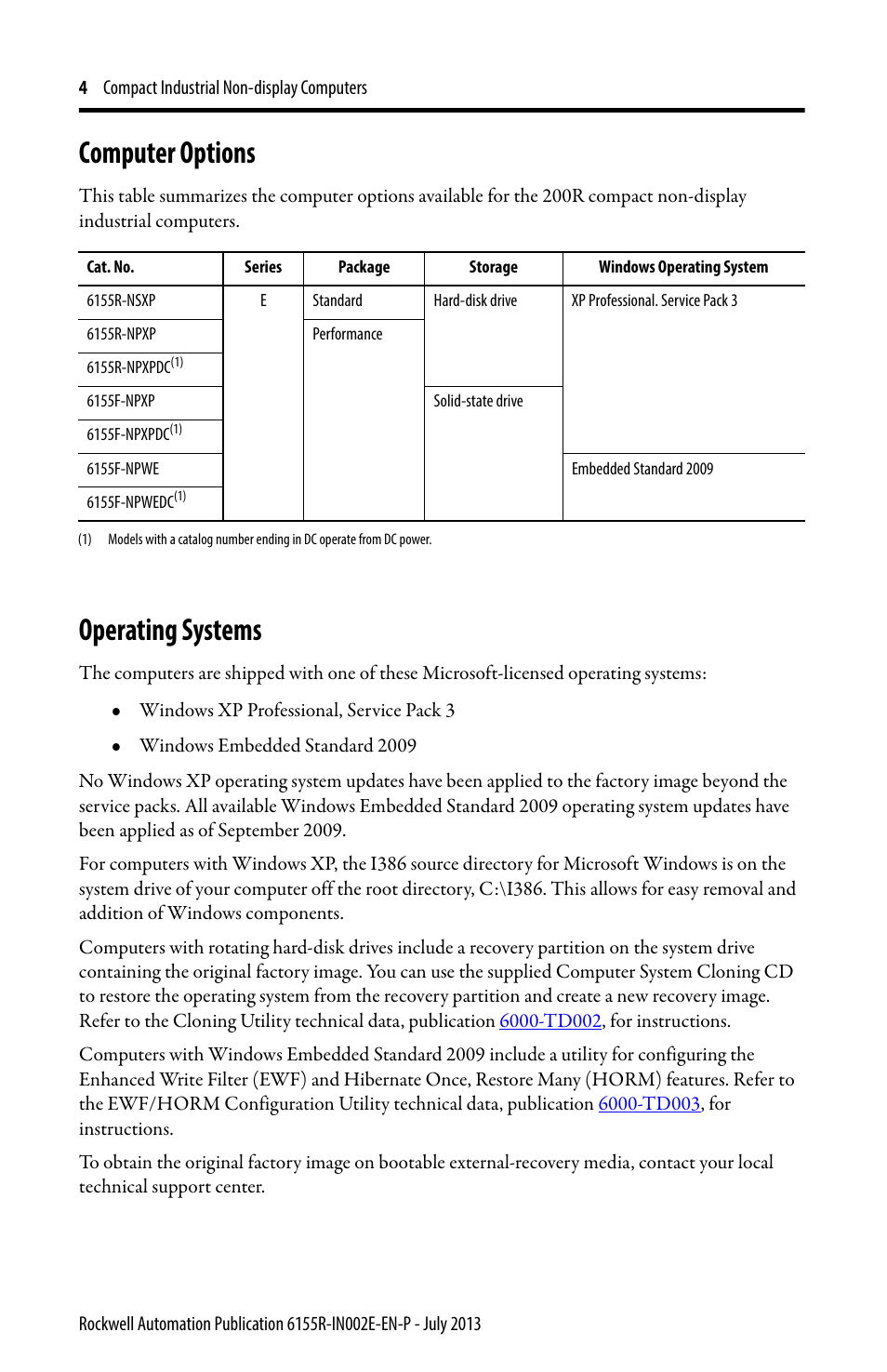 Computer options, Operating systems | Rockwell Automation 6155F-NPXPDC Compact Non-display Computers User Manual | Page 4 / 20