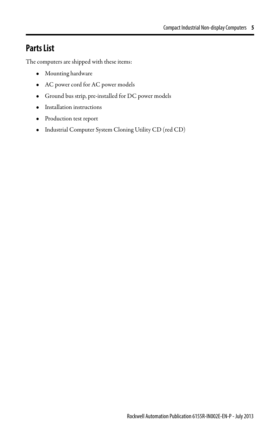 Parts list | Rockwell Automation 6155F-NPXPDC Compact Non-display Computers User Manual | Page 5 / 20