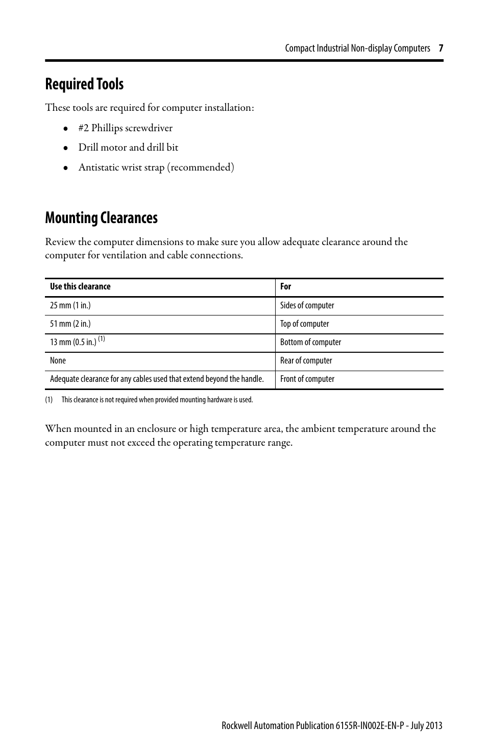 Required tools, Mounting clearances | Rockwell Automation 6155F-NPXPDC Compact Non-display Computers User Manual | Page 7 / 20