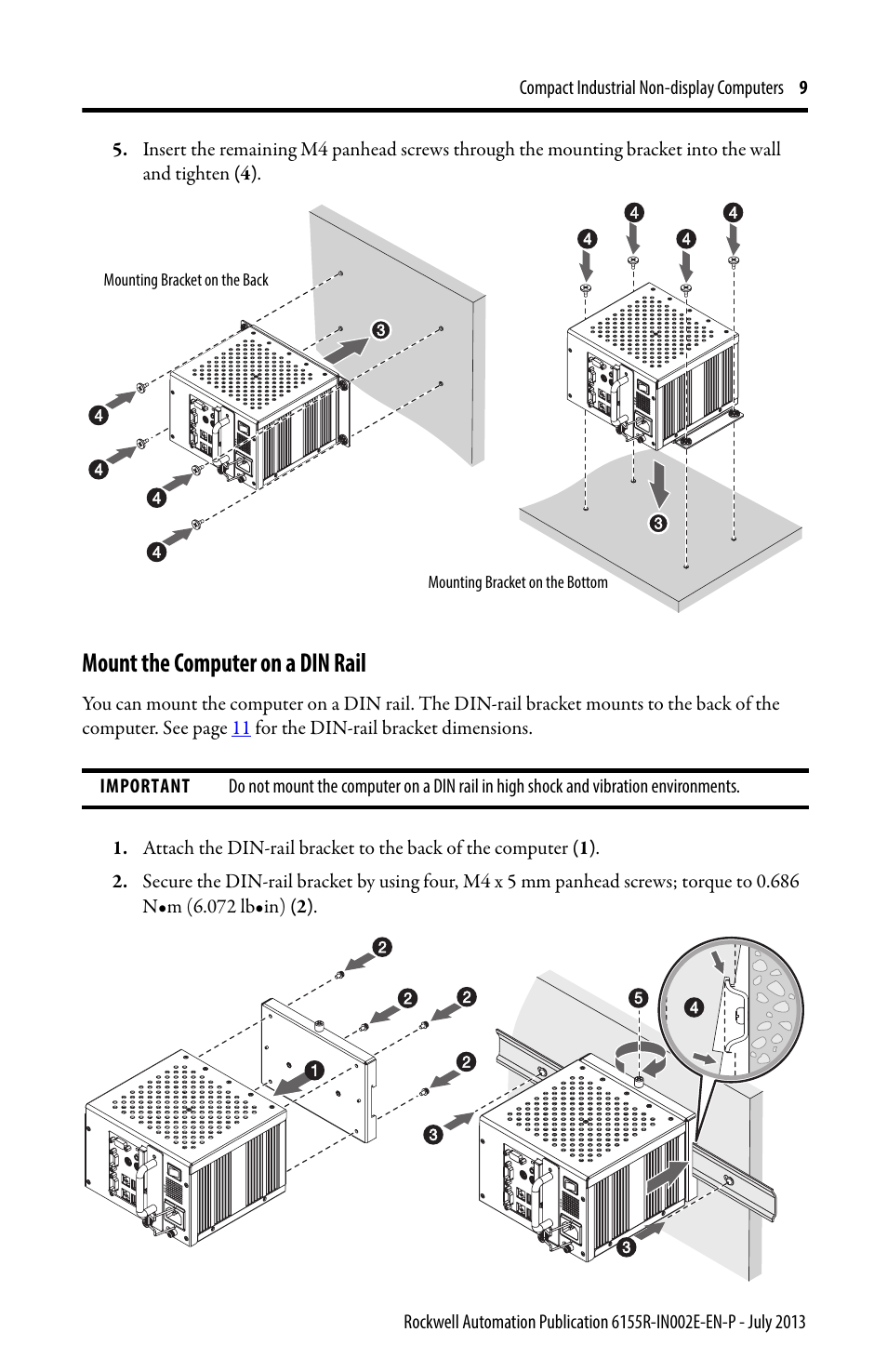 Mount the computer on a din rail | Rockwell Automation 6155F-NPXPDC Compact Non-display Computers User Manual | Page 9 / 20