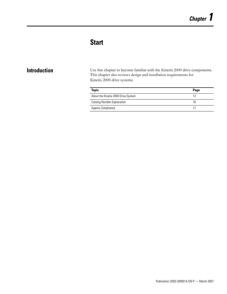 1 - start, Introduction, Chapter 1 | Start, Chapter | Rockwell Automation 2093-xxxx Kinetix 2000 Multi-axis Servo Drive User Manual User Manual | Page 11 / 226