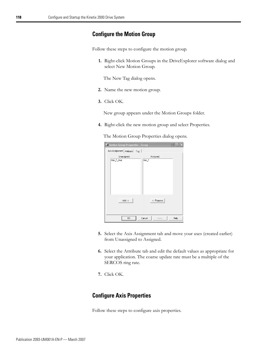 Configure the motion group, Configure axis properties | Rockwell Automation 2093-xxxx Kinetix 2000 Multi-axis Servo Drive User Manual User Manual | Page 118 / 226