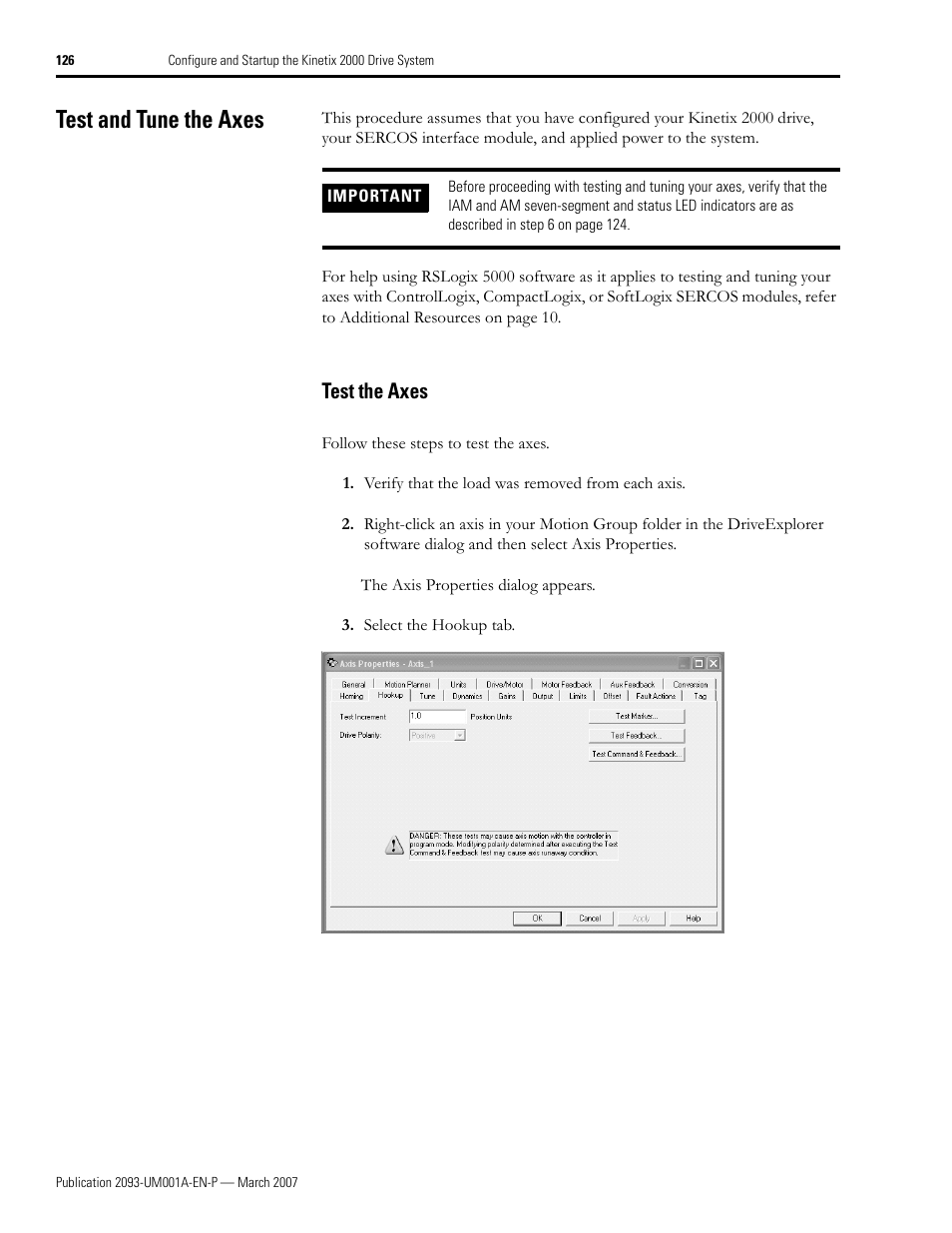 Test and tune the axes, Test the axes | Rockwell Automation 2093-xxxx Kinetix 2000 Multi-axis Servo Drive User Manual User Manual | Page 126 / 226