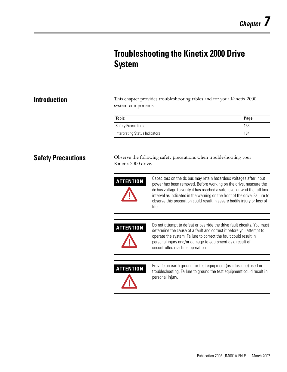 7 - troubleshooting the kinetix 2000 drive system, Introduction, Safety precautions | Chapter 7, Troubleshooting the kinetix 2000 drive system, Introduction safety precautions, Chapter | Rockwell Automation 2093-xxxx Kinetix 2000 Multi-axis Servo Drive User Manual User Manual | Page 133 / 226