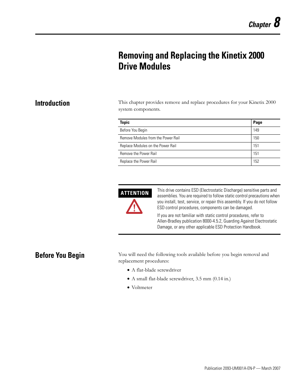 Introduction, Before you begin, Chapter 8 | Introduction before you begin, Chapter | Rockwell Automation 2093-xxxx Kinetix 2000 Multi-axis Servo Drive User Manual User Manual | Page 149 / 226