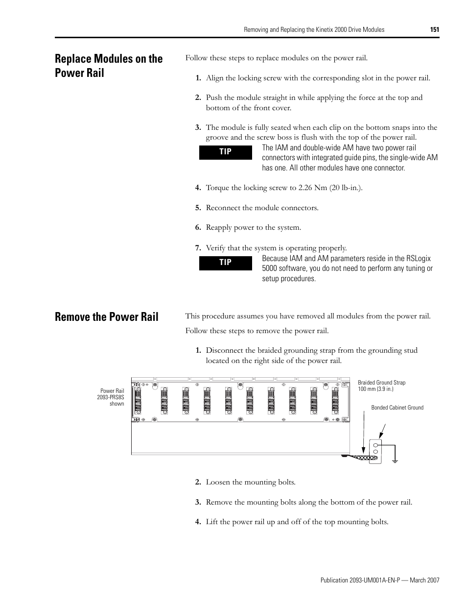 Replace modules on the power rail, Remove the power rail | Rockwell Automation 2093-xxxx Kinetix 2000 Multi-axis Servo Drive User Manual User Manual | Page 151 / 226