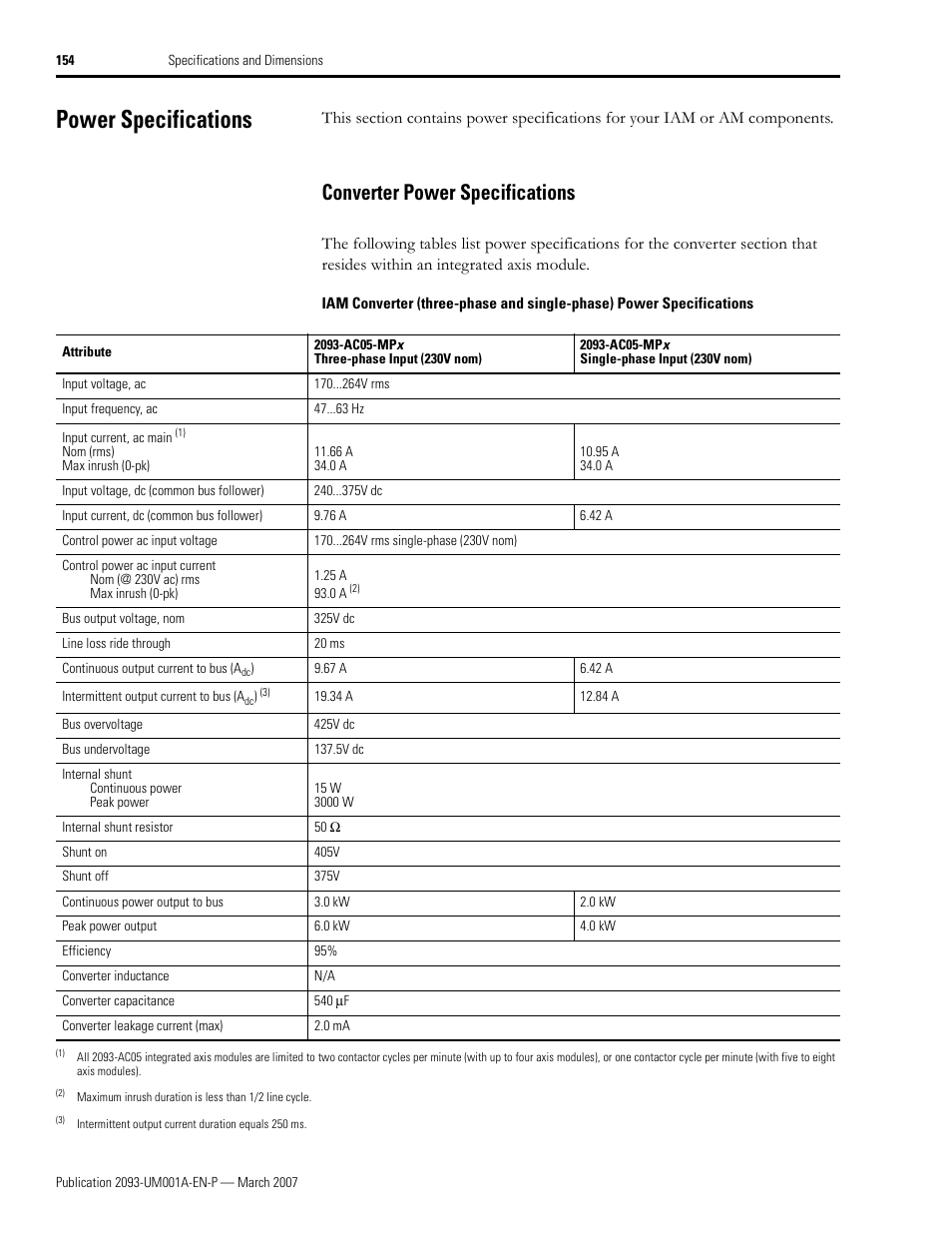 Power specifications, Converter power specifications, To power specifications | 154 f | Rockwell Automation 2093-xxxx Kinetix 2000 Multi-axis Servo Drive User Manual User Manual | Page 154 / 226