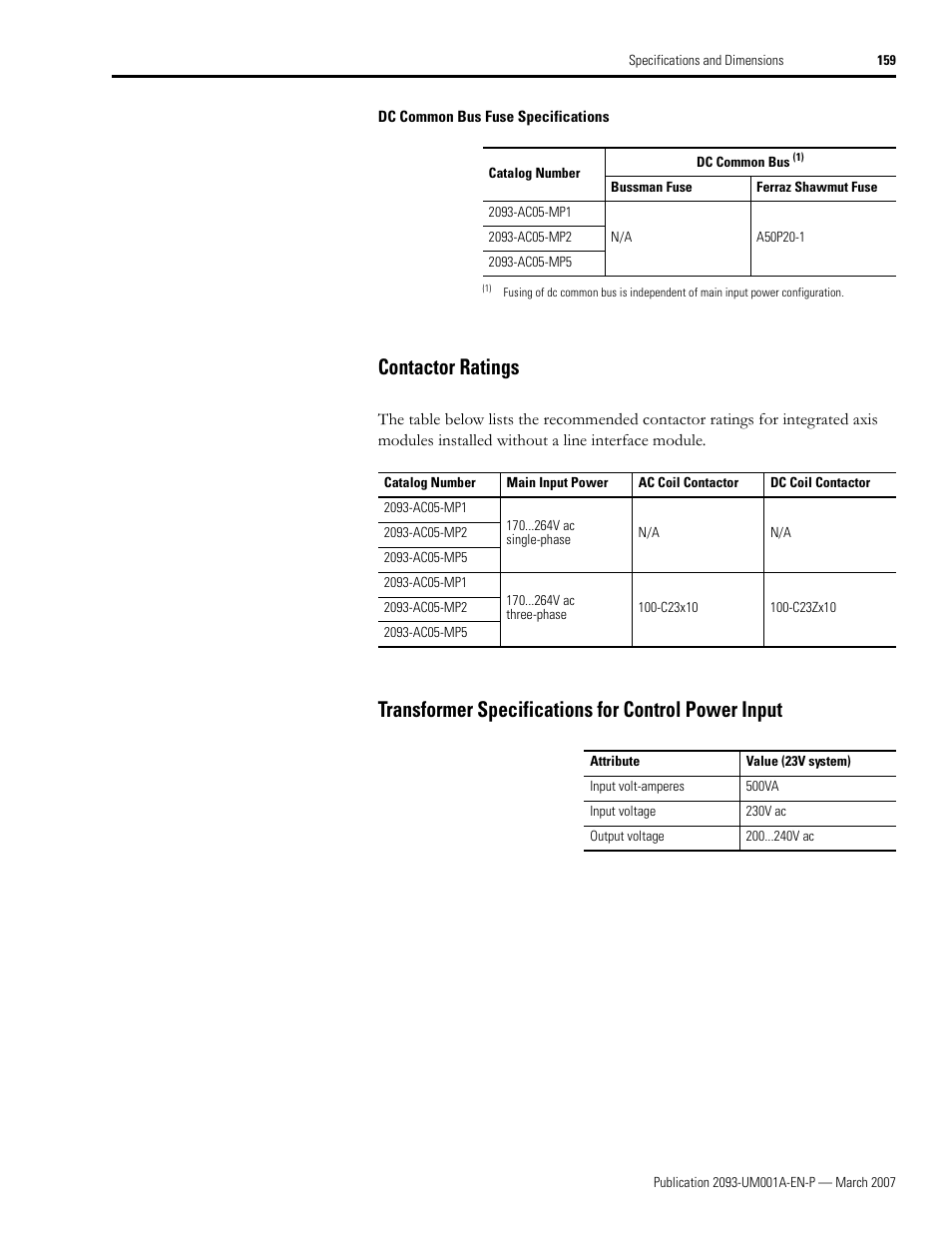 Contactor ratings, Transformer specifications for control power input, Multip | Rockwell Automation 2093-xxxx Kinetix 2000 Multi-axis Servo Drive User Manual User Manual | Page 159 / 226