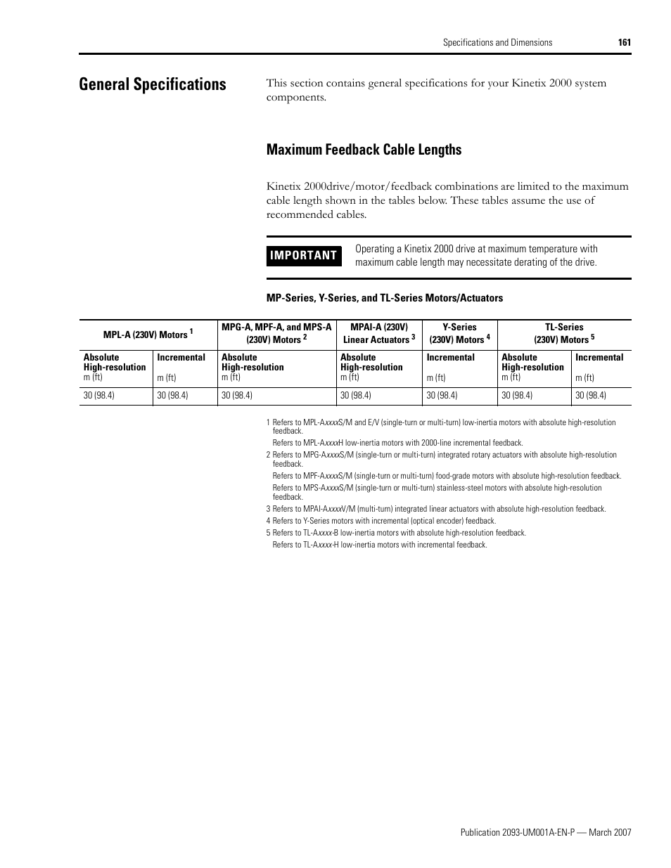 General specifications, Maximum feedback cable lengths | Rockwell Automation 2093-xxxx Kinetix 2000 Multi-axis Servo Drive User Manual User Manual | Page 161 / 226