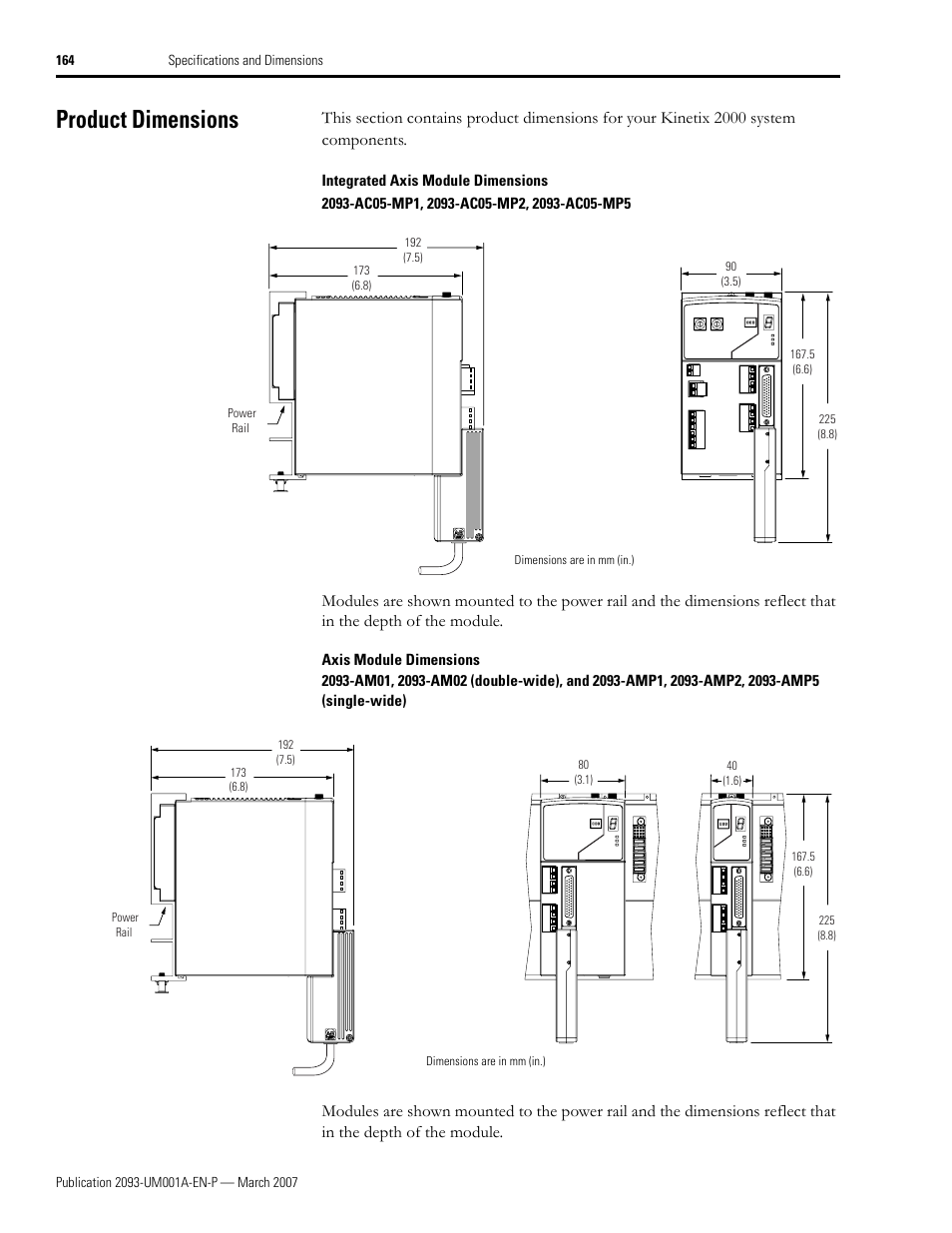 Product dimensions | Rockwell Automation 2093-xxxx Kinetix 2000 Multi-axis Servo Drive User Manual User Manual | Page 164 / 226