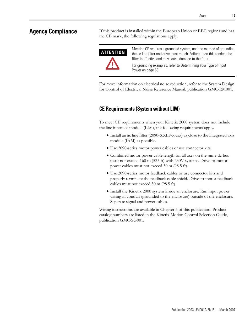 Agency compliance, Ce requirements (system without lim) | Rockwell Automation 2093-xxxx Kinetix 2000 Multi-axis Servo Drive User Manual User Manual | Page 17 / 226