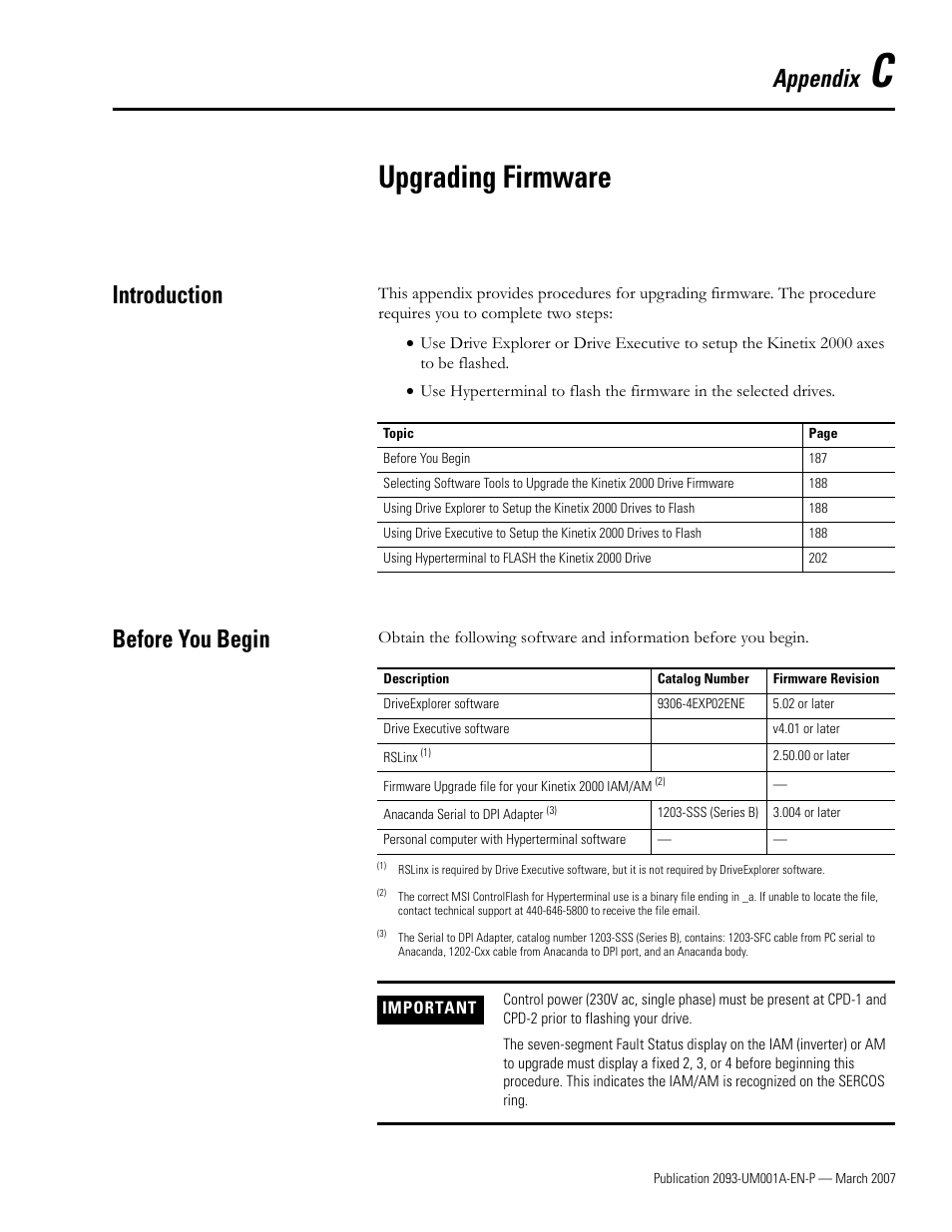 C - upgrading firmware, Introduction, Before you begin | Appendix c, Upgrading firmware, Introduction before you begin, Appendix | Rockwell Automation 2093-xxxx Kinetix 2000 Multi-axis Servo Drive User Manual User Manual | Page 187 / 226