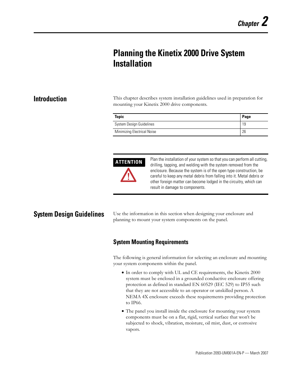 Introduction, System design guidelines, System mounting requirements | Chapter 2, Introduction system design guidelines, Chapter | Rockwell Automation 2093-xxxx Kinetix 2000 Multi-axis Servo Drive User Manual User Manual | Page 19 / 226