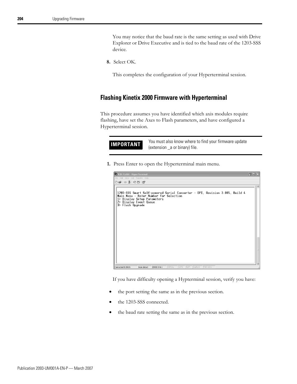 Flashing kinetix 2000 firmware with hyperterminal | Rockwell Automation 2093-xxxx Kinetix 2000 Multi-axis Servo Drive User Manual User Manual | Page 204 / 226