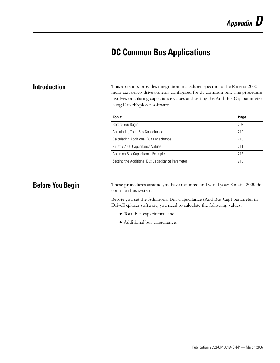 D - dc common bus applications, Introduction, Before you begin | Appendix d, Dc common bus applications, Introduction before you begin, Appendix | Rockwell Automation 2093-xxxx Kinetix 2000 Multi-axis Servo Drive User Manual User Manual | Page 209 / 226