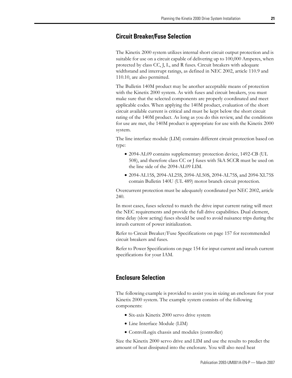 Circuit breaker/fuse selection, Enclosure selection, Circuit breaker/fuse selection enclosure selection | Rockwell Automation 2093-xxxx Kinetix 2000 Multi-axis Servo Drive User Manual User Manual | Page 21 / 226