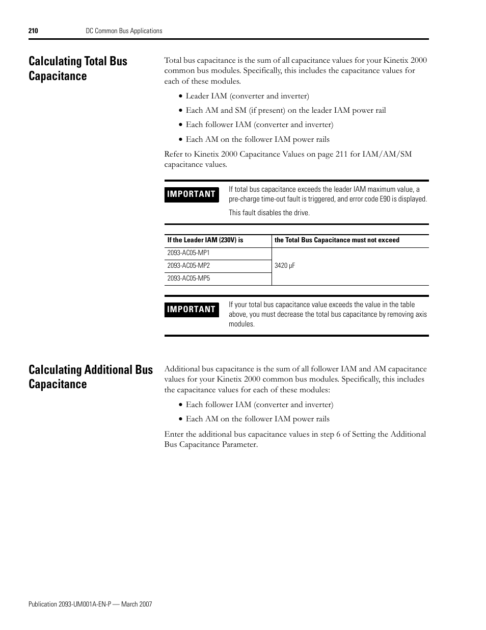 Calculating total bus capacitance, Calculating additional bus capacitance | Rockwell Automation 2093-xxxx Kinetix 2000 Multi-axis Servo Drive User Manual User Manual | Page 210 / 226