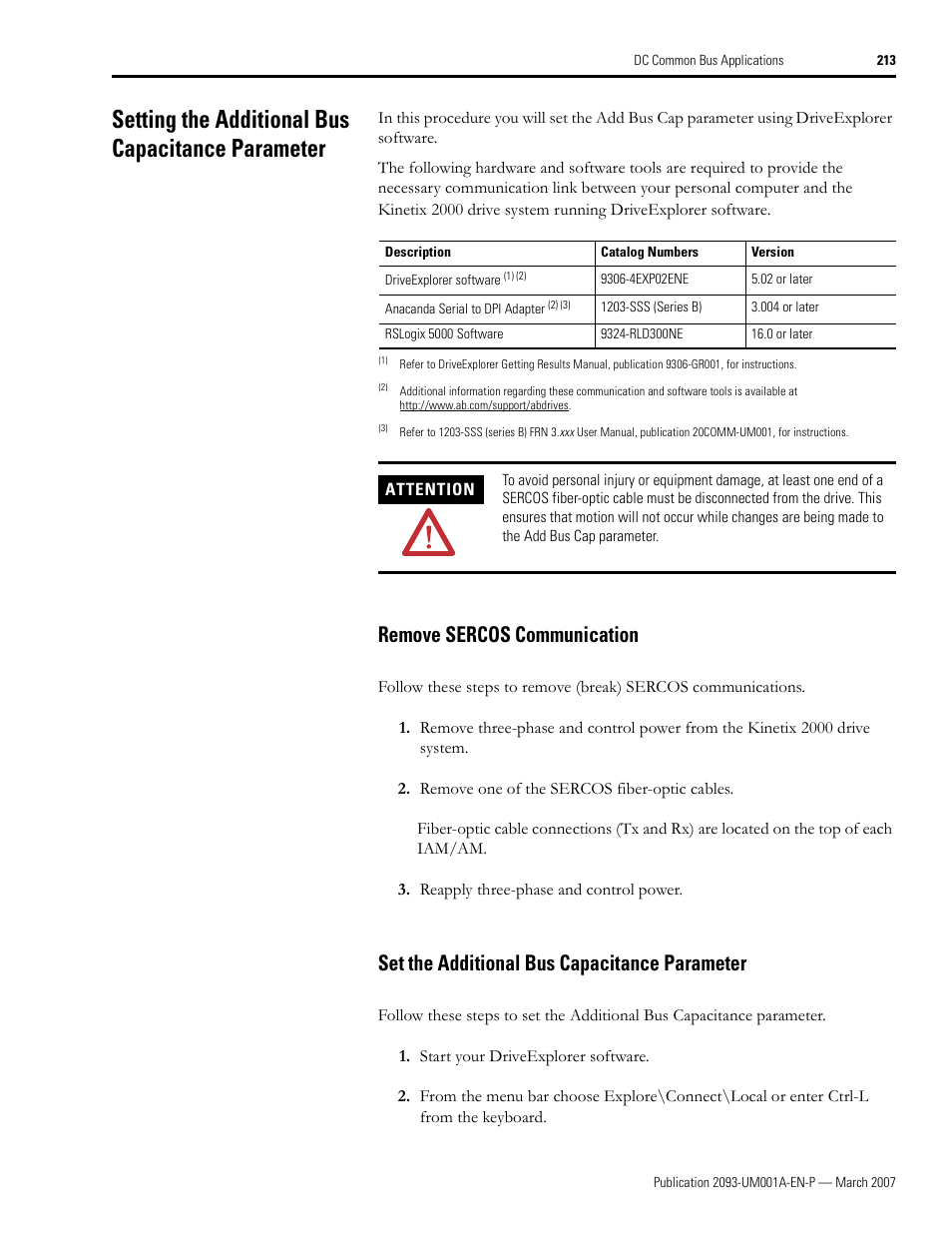 Setting the additional bus capacitance parameter, Remove sercos communication, Set the additional bus capacitance parameter | Rockwell Automation 2093-xxxx Kinetix 2000 Multi-axis Servo Drive User Manual User Manual | Page 213 / 226