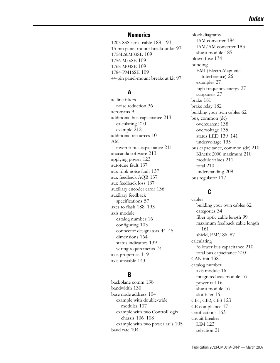Index | Rockwell Automation 2093-xxxx Kinetix 2000 Multi-axis Servo Drive User Manual User Manual | Page 217 / 226