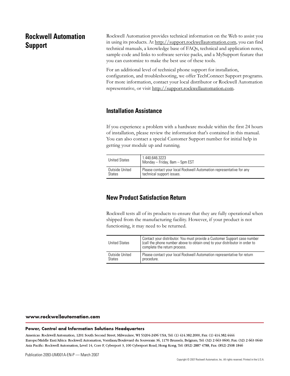 Rockwell automation support, Installation assistance, New product satisfaction return | Rockwell Automation 2093-xxxx Kinetix 2000 Multi-axis Servo Drive User Manual User Manual | Page 226 / 226