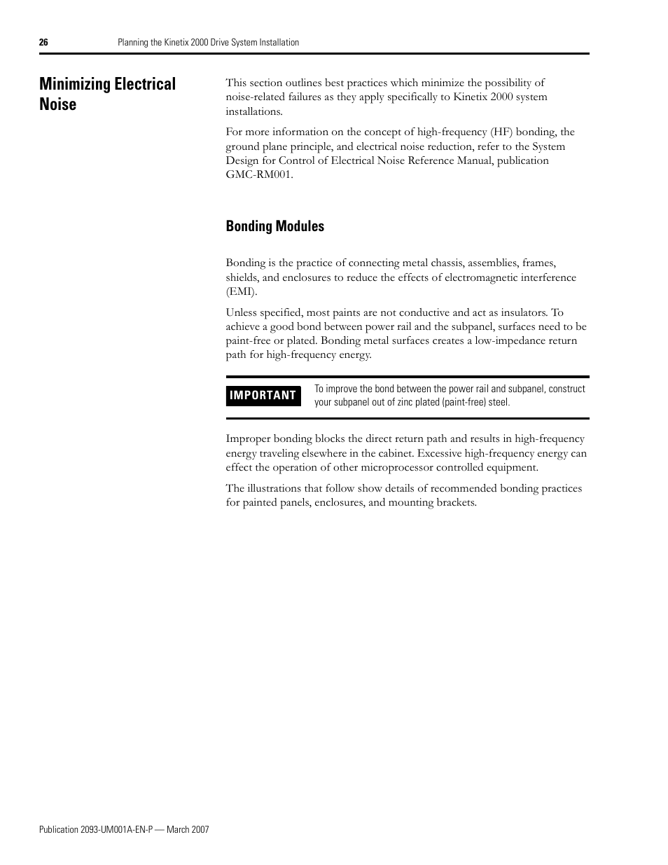 Minimizing electrical noise, Bonding modules | Rockwell Automation 2093-xxxx Kinetix 2000 Multi-axis Servo Drive User Manual User Manual | Page 26 / 226