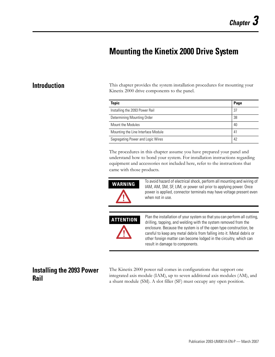 3 - mounting the kinetix 2000 drive system, Introduction, Installing the 2093 power rail | Chapter 3, Mounting the kinetix 2000 drive system, Introduction installing the 2093 power rail, Chapter | Rockwell Automation 2093-xxxx Kinetix 2000 Multi-axis Servo Drive User Manual User Manual | Page 37 / 226