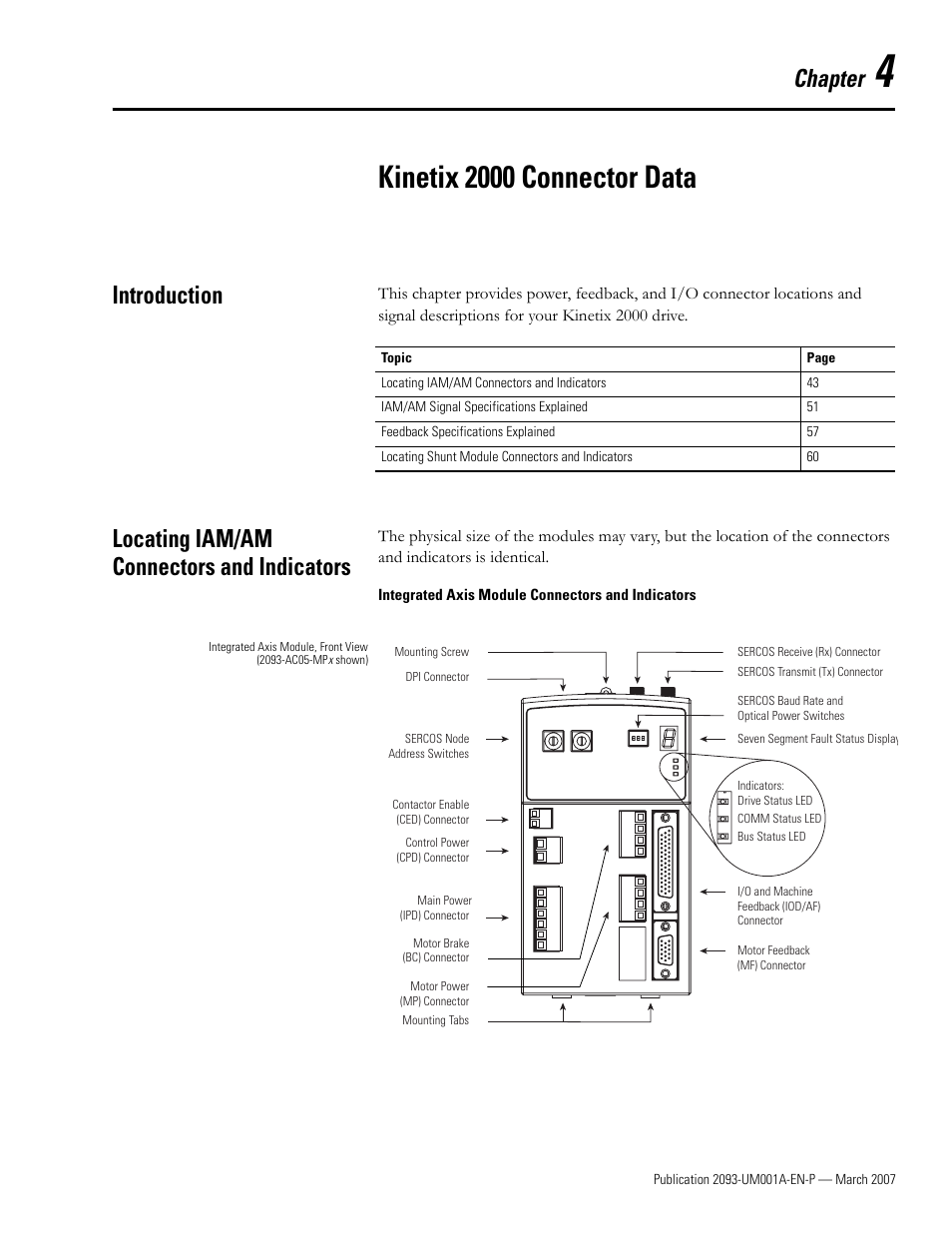 4 - kinetix 2000 connector data, Introduction, Locating iam/am connectors and indicators | Chapter 4, Kinetix 2000 connector data, Chapter | Rockwell Automation 2093-xxxx Kinetix 2000 Multi-axis Servo Drive User Manual User Manual | Page 43 / 226