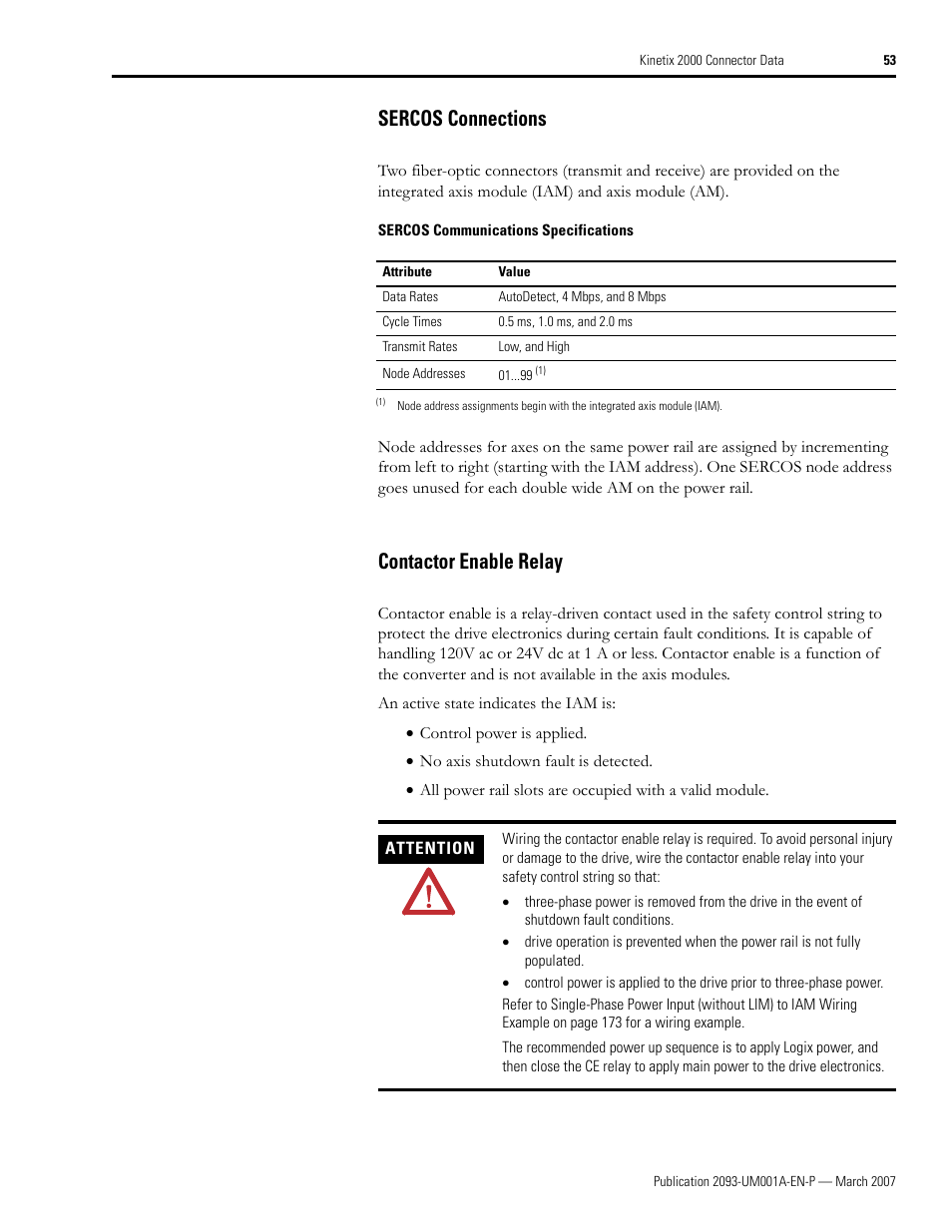 Sercos connections, Contactor enable relay, Sercos connections contactor enable relay | Rockwell Automation 2093-xxxx Kinetix 2000 Multi-axis Servo Drive User Manual User Manual | Page 53 / 226