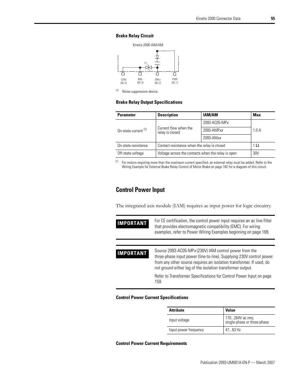 Control power input, Important | Rockwell Automation 2093-xxxx Kinetix 2000 Multi-axis Servo Drive User Manual User Manual | Page 55 / 226