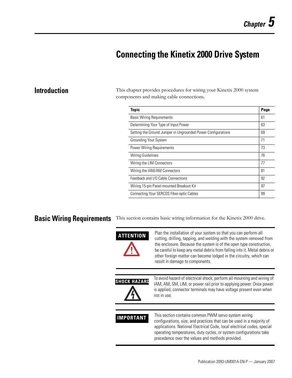 5 - connecting the kinetix 2000 drive system, Introduction, Basic wiring requirements | Chapter 5, Connecting the kinetix 2000 drive system, Introduction basic wiring requirements, Chapter | Rockwell Automation 2093-xxxx Kinetix 2000 Multi-axis Servo Drive User Manual User Manual | Page 61 / 226