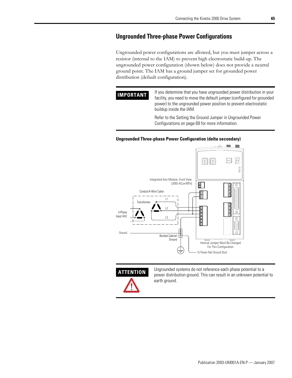 Ungrounded three-phase power configurations, Important, Attention | Rockwell Automation 2093-xxxx Kinetix 2000 Multi-axis Servo Drive User Manual User Manual | Page 65 / 226