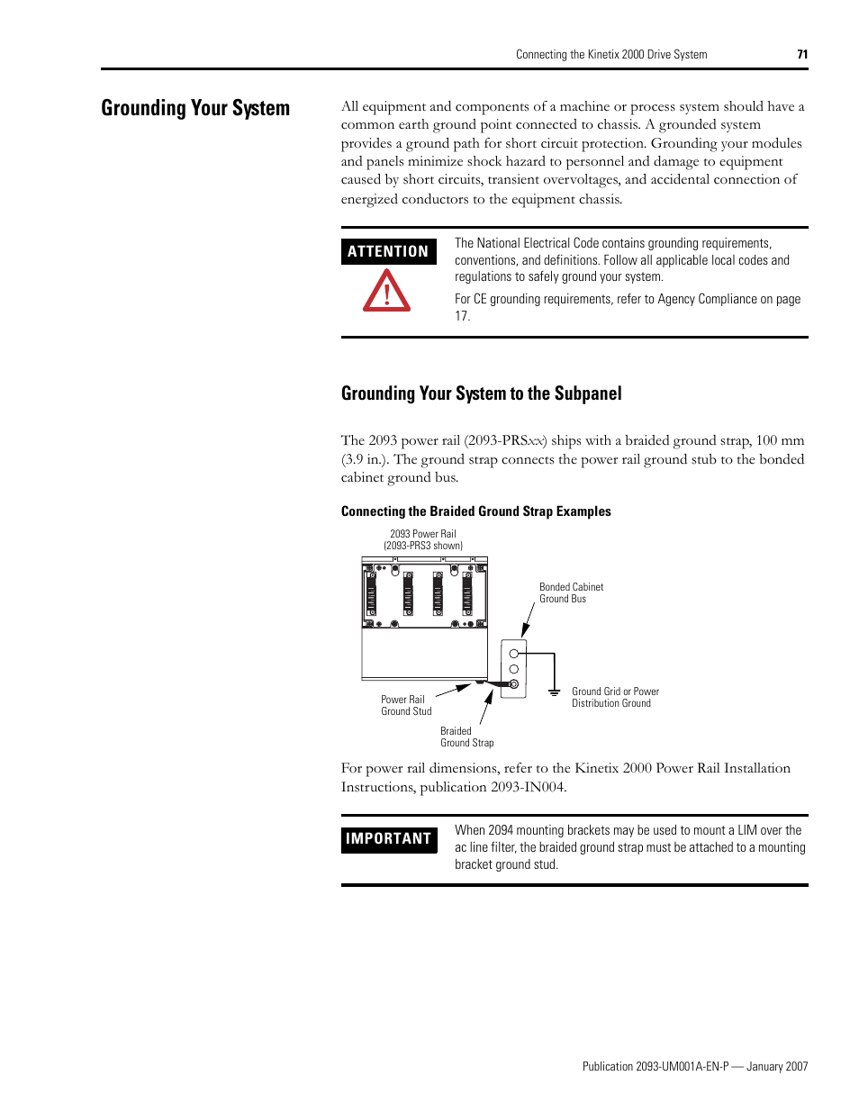 Grounding your system, Grounding your system to the subpanel, To grounding your system | Rockwell Automation 2093-xxxx Kinetix 2000 Multi-axis Servo Drive User Manual User Manual | Page 71 / 226