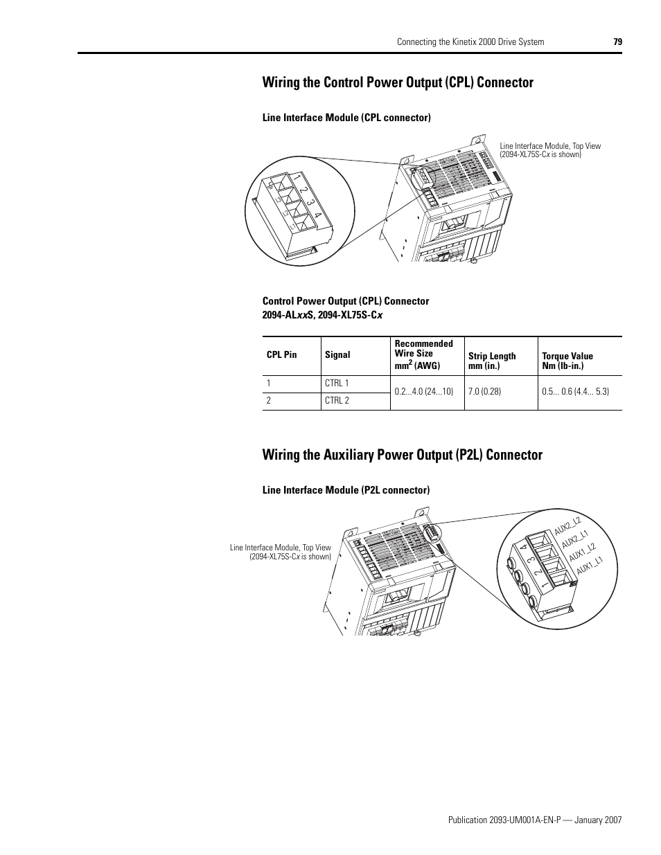 Wiring the control power output (cpl) connector, Wiring the auxiliary power output (p2l) connector | Rockwell Automation 2093-xxxx Kinetix 2000 Multi-axis Servo Drive User Manual User Manual | Page 79 / 226