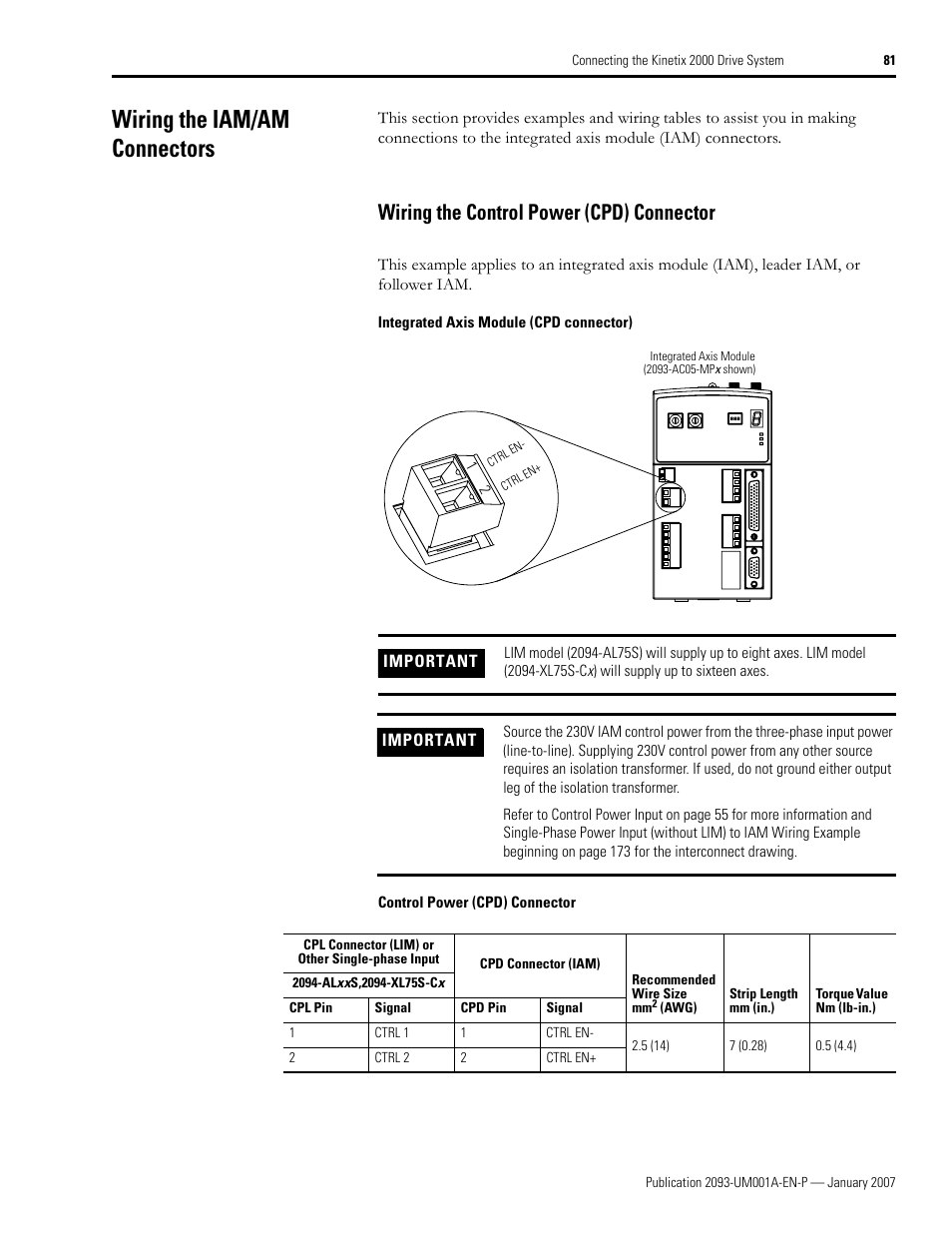 Wiring the iam/am connectors, Wiring the control power (cpd) connector | Rockwell Automation 2093-xxxx Kinetix 2000 Multi-axis Servo Drive User Manual User Manual | Page 81 / 226