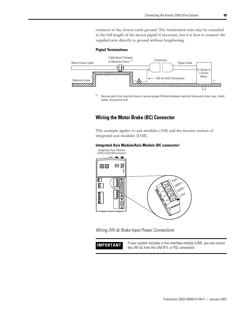 Wiring the motor brake (bc) connector, Wiring the motor brake (bc) connector o, 89 fo | Wiring 24v dc brake input power connections, Important | Rockwell Automation 2093-xxxx Kinetix 2000 Multi-axis Servo Drive User Manual User Manual | Page 89 / 226