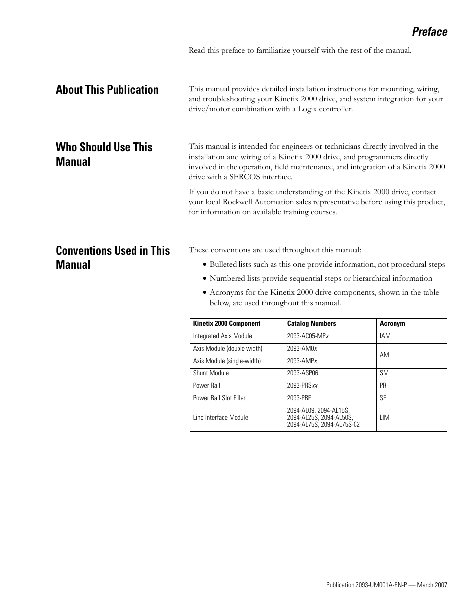 Preface, About this publication, Who should use this manual | Conventions used in this manual | Rockwell Automation 2093-xxxx Kinetix 2000 Multi-axis Servo Drive User Manual User Manual | Page 9 / 226