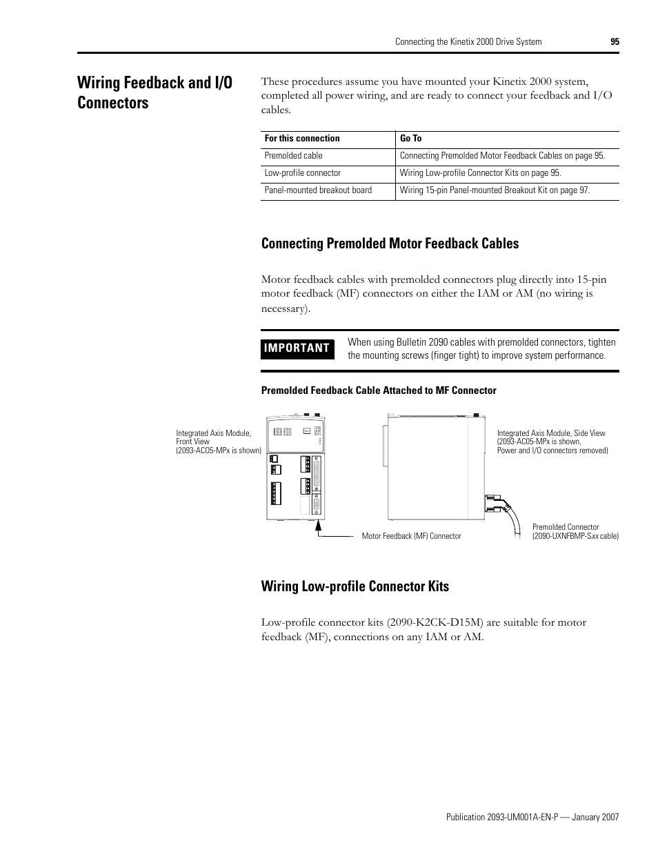 Wiring feedback and i/o connectors, Connecting premolded motor feedback cables, Wiring low-profile connector kits | Rockwell Automation 2093-xxxx Kinetix 2000 Multi-axis Servo Drive User Manual User Manual | Page 95 / 226