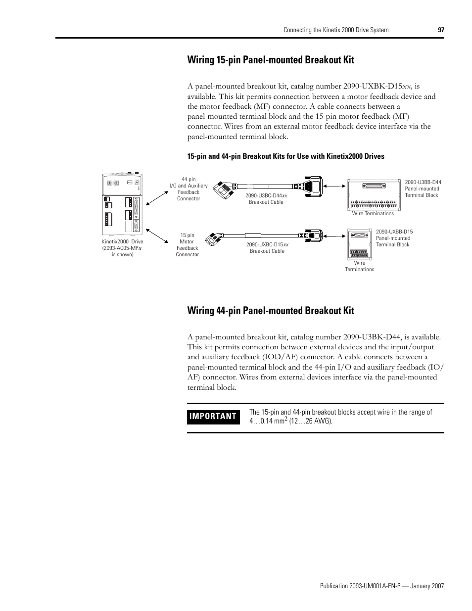 Wiring 15-pin panel-mounted breakout kit, Wiring 44-pin panel-mounted breakout kit, Important | Rockwell Automation 2093-xxxx Kinetix 2000 Multi-axis Servo Drive User Manual User Manual | Page 97 / 226