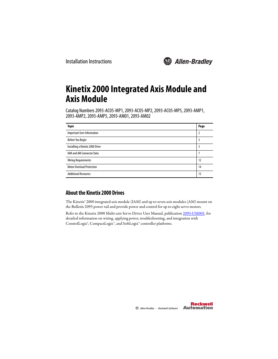 Rockwell Automation 2093-AMxx Kinetix 2000 Integrated Axis Module and Axis Module Installation Instructions User Manual | 16 pages