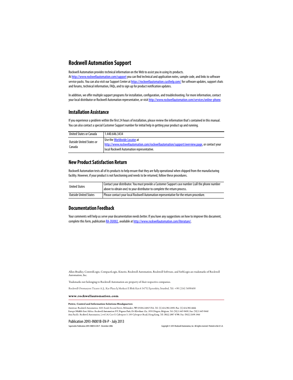 Back cover, Rockwell automation support, Installation assistance | New product satisfaction return, Documentation feedback | Rockwell Automation 2093-AMxx Kinetix 2000 Integrated Axis Module and Axis Module Installation Instructions User Manual | Page 16 / 16