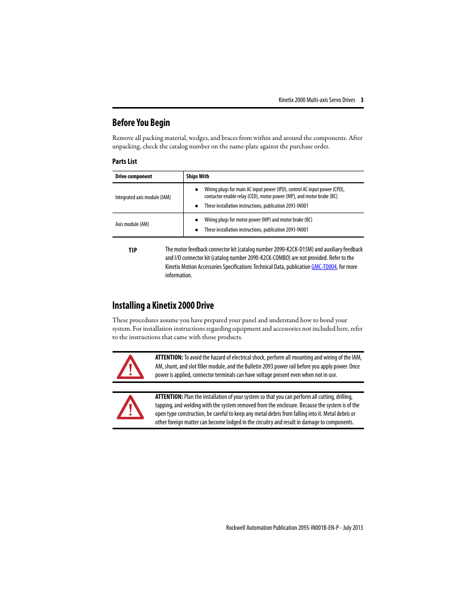 Before you begin, Installing a kinetix 2000 drive | Rockwell Automation 2093-AMxx Kinetix 2000 Integrated Axis Module and Axis Module Installation Instructions User Manual | Page 3 / 16