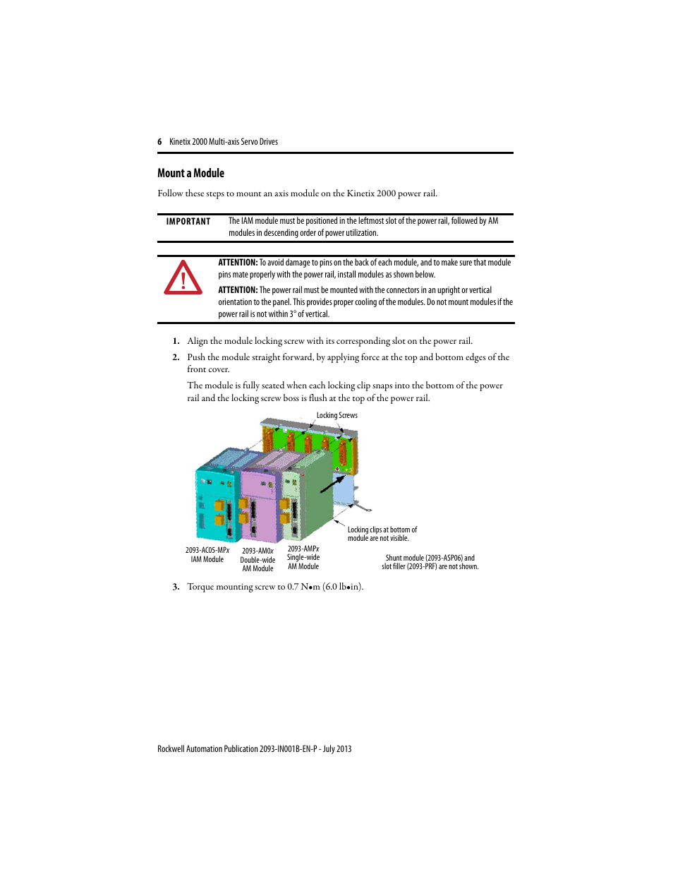Mount a module | Rockwell Automation 2093-AMxx Kinetix 2000 Integrated Axis Module and Axis Module Installation Instructions User Manual | Page 6 / 16
