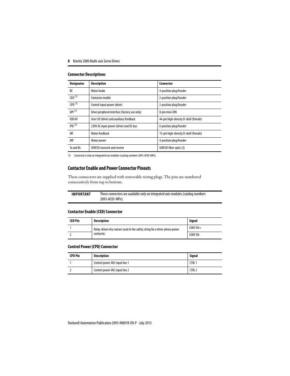 Contactor enable and power connector pinouts | Rockwell Automation 2093-AMxx Kinetix 2000 Integrated Axis Module and Axis Module Installation Instructions User Manual | Page 8 / 16