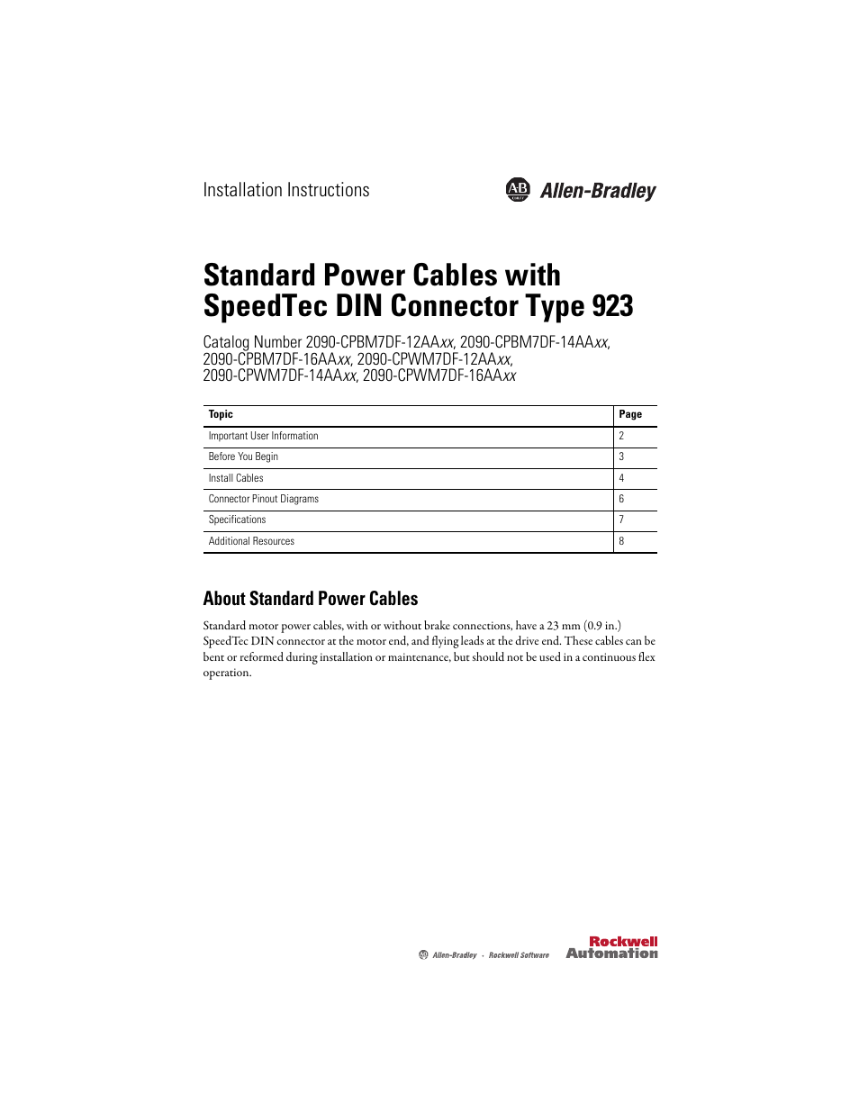Rockwell Automation 2090-CPxxx Standard Power Cables with SpeedTec DIN Connector Type 923 User Manual | 8 pages
