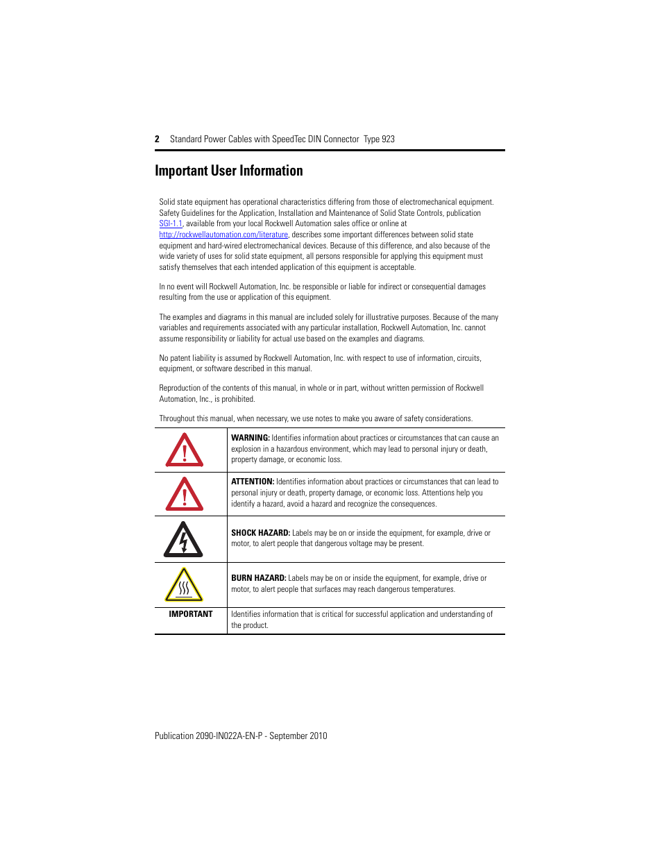 Important user information | Rockwell Automation 2090-CPxxx Standard Power Cables with SpeedTec DIN Connector Type 923 User Manual | Page 2 / 8