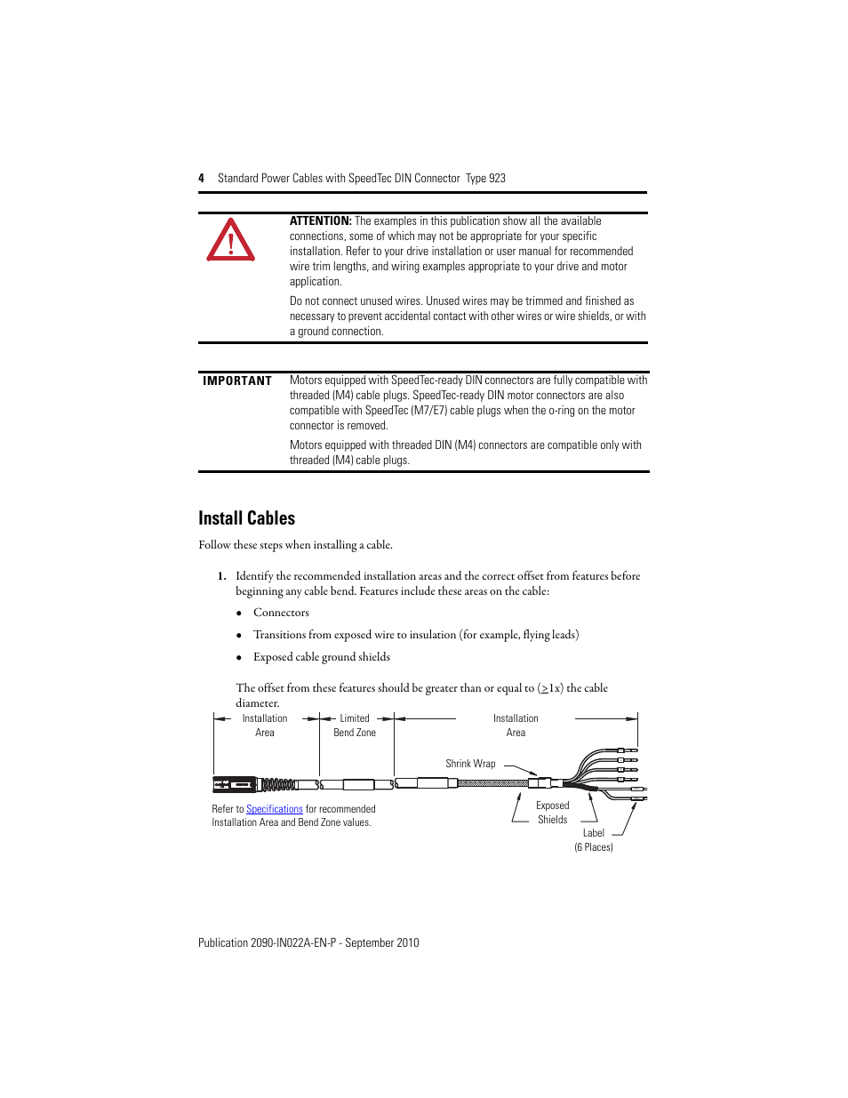 Install cables | Rockwell Automation 2090-CPxxx Standard Power Cables with SpeedTec DIN Connector Type 923 User Manual | Page 4 / 8