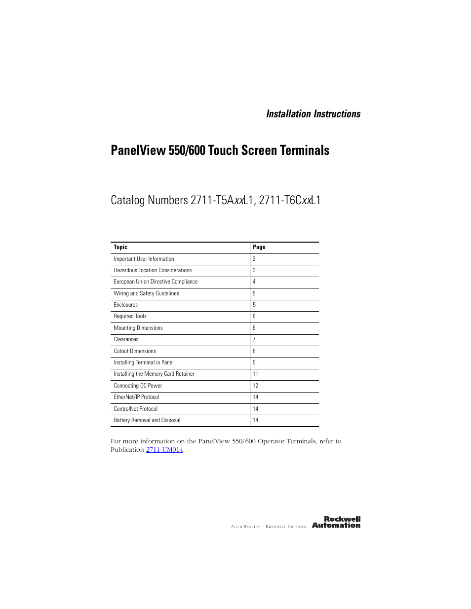 Rockwell Automation 2711-T5AxxL1_T6CxxL1 PanelView 550/600 Touch Screen Terminals User Manual | 16 pages